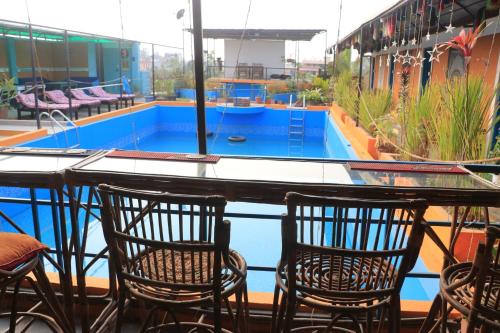 a bar with chairs and a swimming pool on a building at Shivas Hippies Colony in Sauraha