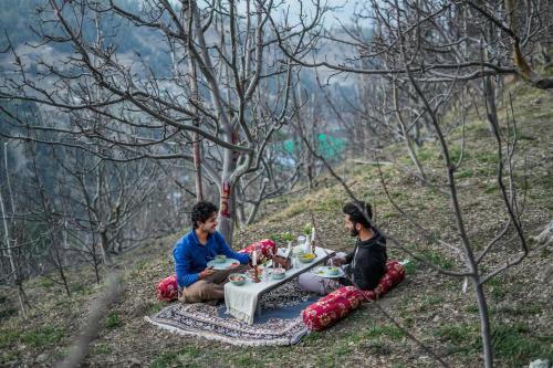 two people sitting at a picnic table in the woods at SaffronStays Bagh Kufri in Kūfrī