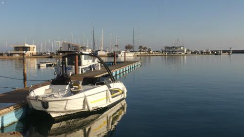 a boat docked at a dock in the water at Cap Saint Martin Marina in Cap d'Agde
