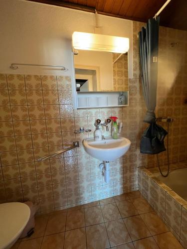 a bathroom with a sink and a mirror and a tub at Meunier tu dors ! au pied du Moulin in Porrentruy