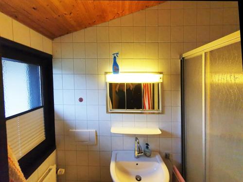 a bathroom with a sink and a mirror at Ferienhaus Schöps in Burhave