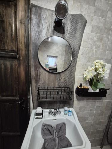 a bathroom with a sink and a mirror at Borostyánkút Wellness Home Bakonybél in Bakonybél