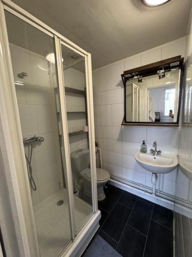a bathroom with a shower and a sink and a toilet at Studio Stade de France RER B in Aubervilliers
