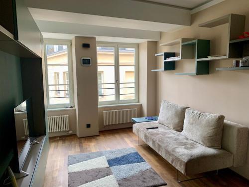 a living room with a couch and a tv at Lago Welcome Palais Suite in Clausen