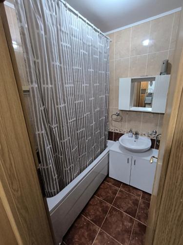 a bathroom with a sink and a shower curtain at Stan na dan Brčko Zaga Uzunovica 5 in Brčko