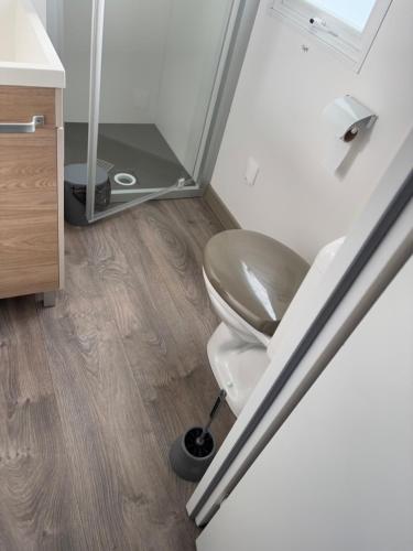a bathroom with a white toilet in a room at Mobil-home 40m2, camping les Charmettes 4 étoiles La Palmyre 4-6 personnes-2 chambres dont 1 suite parentale-2 salles de bain in Les Mathes
