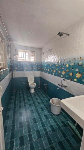 a bathroom with a toilet and a green tiled floor at Sai Premasharanalaya Kotagiri in Kotagiri