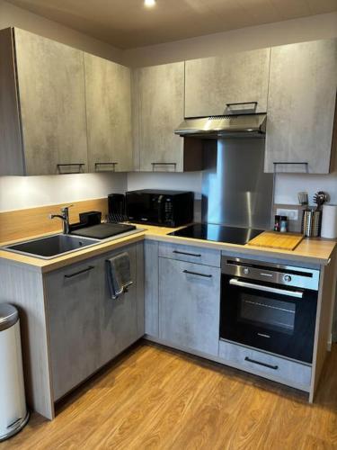 une cuisine avec un évier et une cuisinière dans l'établissement LE FONTAINE aux portes du village avec parking, à La Roche-sur-Foron