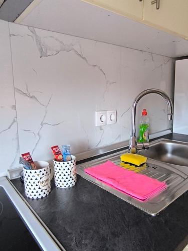 a kitchen counter with a sink with a pink rag at Stan na dan Brčko Zaga Dusana Vasiljeva 7a in Brčko