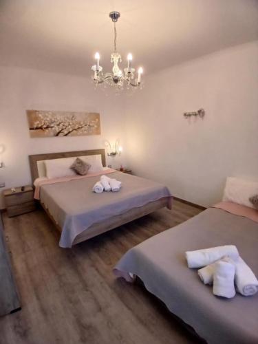 a bedroom with two beds and a chandelier at Melirito in Olympiada