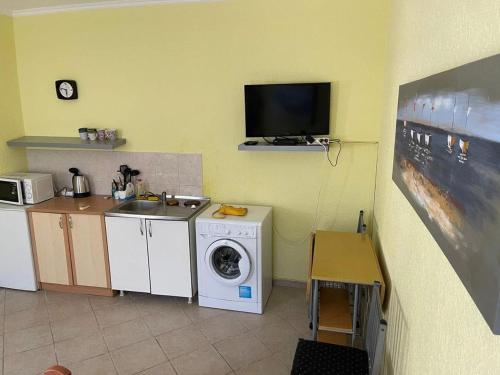 een keuken met een wasmachine en een tv aan de muur bij Breezz in Ðenovići