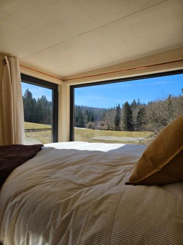 une chambre avec un lit avec une grande fenêtre dans l'établissement Tiny House dans les montagnes, JURA, à Les Bouchoux