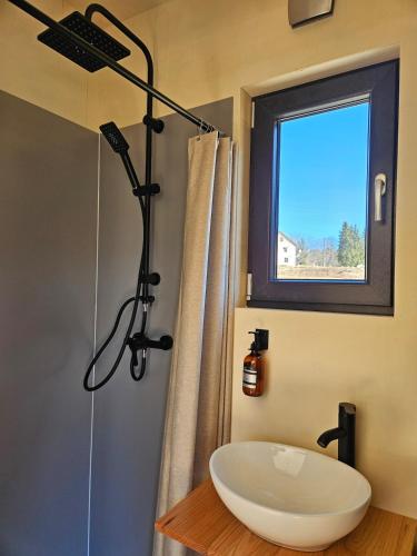 une salle de bain avec un lavabo blanc et une fenêtre dans l'établissement Tiny House dans les montagnes, JURA, à Les Bouchoux