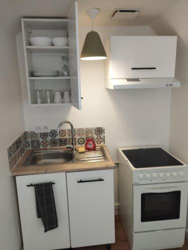 a small kitchen with a sink and a stove at Appartement Cosy proche de Rouen in Canteleu