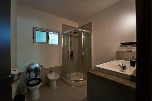 a bathroom with a shower and a toilet and a sink at Loukaz -entire Rental Units W Panoramic Rooftop in La Gaulette
