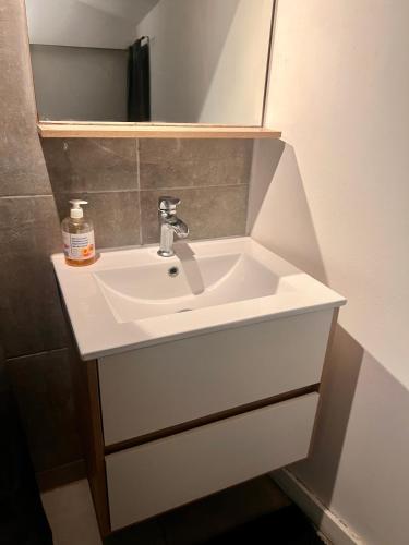 une salle de bain avec un lavabo blanc et un miroir dans l'établissement 4 - Les pins roses, à Poitiers