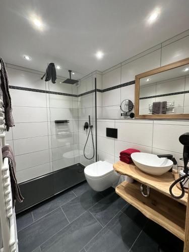 a bathroom with a toilet and a sink and a shower at Haus Almfrieden in Ramsau