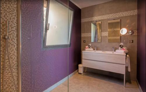 a bathroom with a sink and a mirror at Appartement avec vue sur la mer à Olmeto in Olmeto
