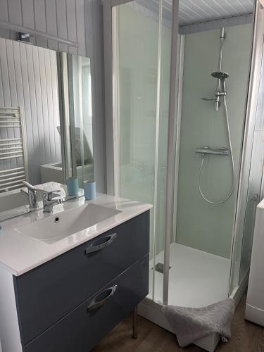 une salle de bain avec un lavabo et une douche dans l'établissement Maison 6 pers à 400 m de la plage avec wifi et piscine chauffée, à Bretignolles-sur-Mer