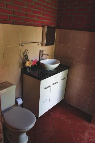 a bathroom with a sink and a toilet at Quinta Los Pinos Cotoca in Cotoca