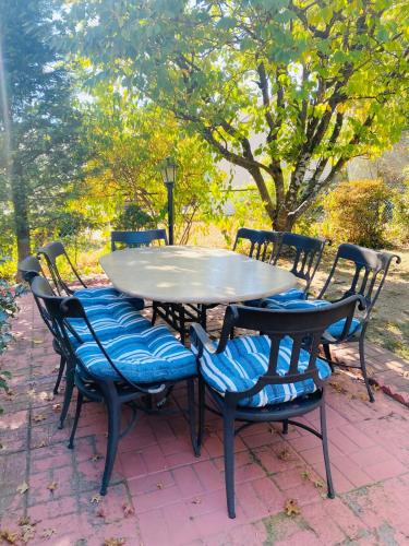 a table and chairs with blue cushions around it at Spacious 3 bedroom house 45mins to NYC great hotel alternative for big group in Port Chester
