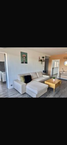 un salon avec un canapé blanc et une table basse dans l'établissement Grand appartement lumineux 6 personnes, à Martigues