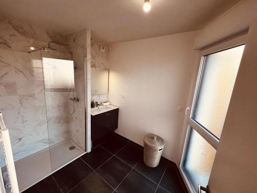 une salle de bain avec douche et lavabo dans l'établissement Le Perrault Elegance, à Montpellier