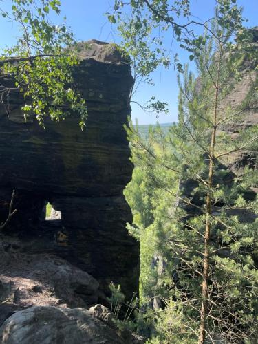 a rock formation in the woods with a tree at Fox House Tisá / Rájec in Tisá