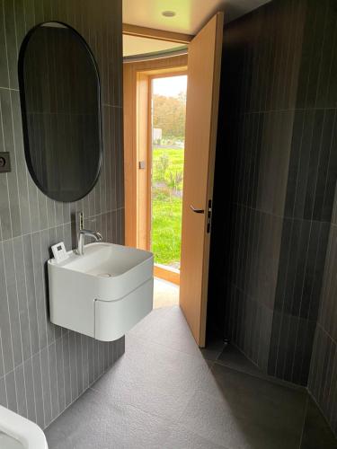 une salle de bain avec un lavabo et un miroir dans l'établissement Domaine de Chabrague, à Amou