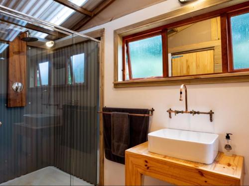 a bathroom with a sink and a shower at AfriCamps at Bonamanzi Game Reserve in Hluhluwe