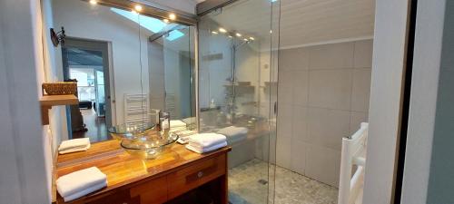 une salle de bain avec une douche en verre et un lavabo dans l'établissement Burdigala Homes - Appart Montesquieu, à Bordeaux