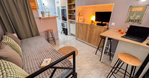 un salon avec un canapé et une table avec un ordinateur portable dans l'établissement Hypercenter - Bike Room - Quiet & central !, à Avignon