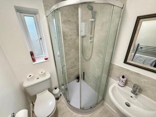 une salle de bains avec douche, toilettes et lavabo dans l'établissement Luxury 1-Bedroom Flat, Wi-Fi, Near Oxford centre, à Oxford