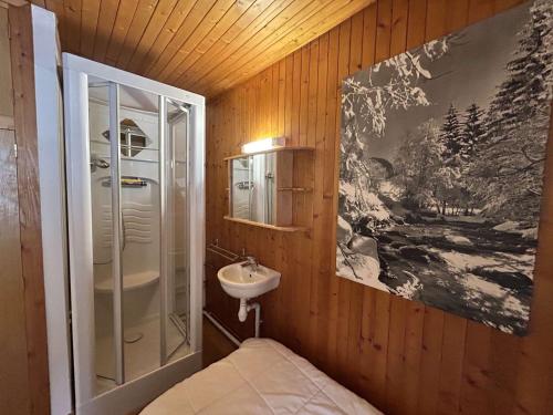 un piccolo bagno con lavandino e doccia di Chalet familial 10 pièces à Meribel, proche des pistes, avec cheminée et terrasse, 12 personnes - FR-1-180-625 a Les Allues