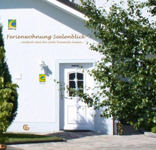 a white building with a white door and a tree at Gemütliche Maisonette Wohnung Seelenblick in Berndorf