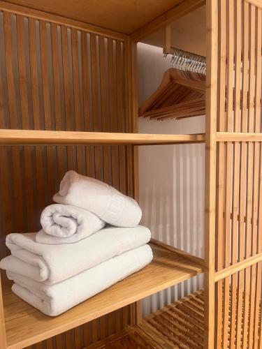 a bunch of towels are stacked in a closet at Apartamento del Conde in Jaca