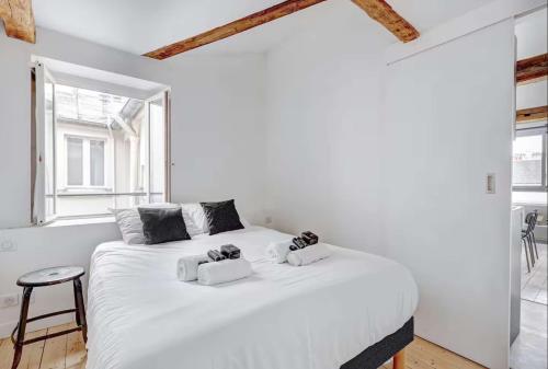 un grand lit blanc dans une chambre avec une fenêtre dans l'établissement BM-Un Eclat de Lumiere en Plein Paris, à Paris