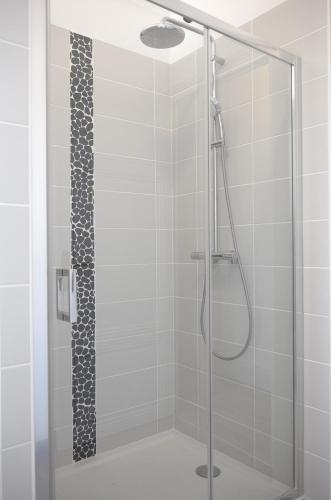 d'une douche avec une porte en verre et un pommeau de douche. dans l'établissement Le logis des Jacobins 125m2, à Agen