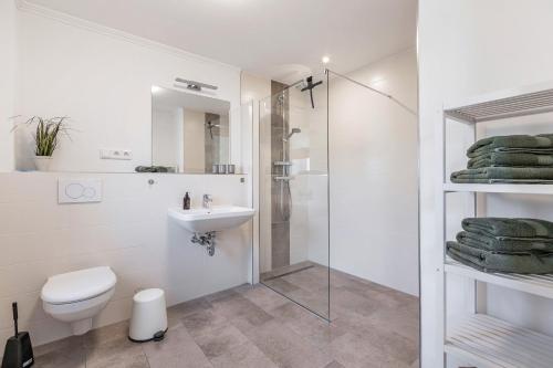a bathroom with a shower toilet and a sink at Ferienhaus Waterkant mit Hund in Klanxbüll