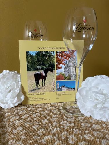 un verre de vin et une photo de cheval dans l'établissement Chambre cosy, à Saint-Amand-les-Eaux