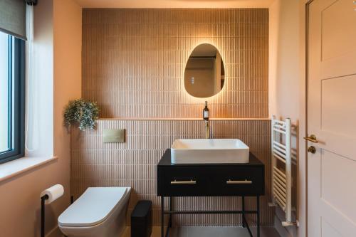 a bathroom with a sink and a toilet at Du Cabana By Birch Stays in Rhosneigr