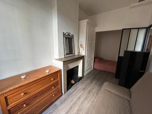 - un salon avec une cheminée et une commode dans l'établissement Appartement cosy, à Chessy