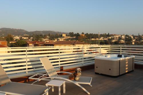 a dog sitting in a chair on a balcony at Domus Aurus Luxury in Bardolino