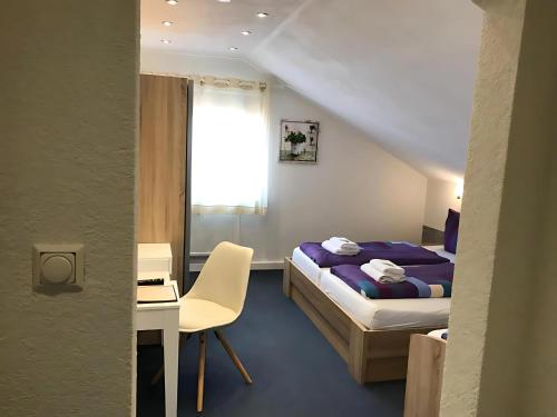 a bedroom with a bed and a desk and a chair at Gästehaus Elzblick in Rust