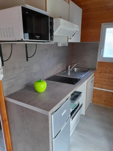 une cuisine avec une pomme verte assise sur le comptoir dans l'établissement gîte à la ferme du Marquisat, à Crots