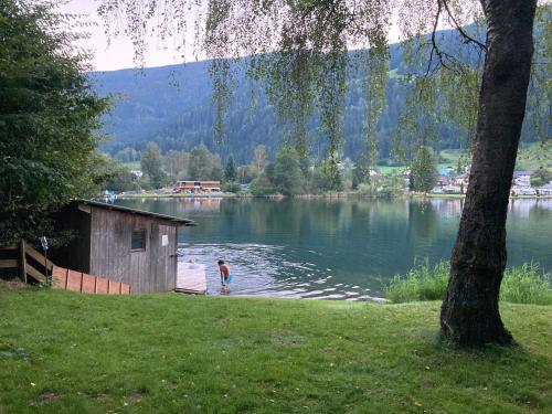 a person standing on a dock in a lake at Ferienwohnung Studio Seebrauer In Feld Am See in Feld am See