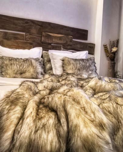 two cats laying on a bed with a blanket at Complex Chalet -Turlashkata Kushta in Gabrovo