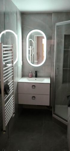 une salle de bain avec un lavabo et un miroir dans l'établissement Le cocon d'Anna, à Vannes