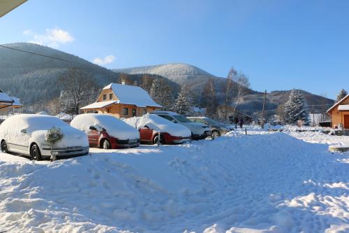 a group of cars parked in a parking lot covered in snow at Penzion U Barana in Trojanovice
