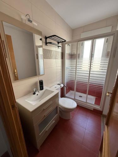 a bathroom with a sink and a toilet and a mirror at El caserío de la abuela in Cabezuela del Valle